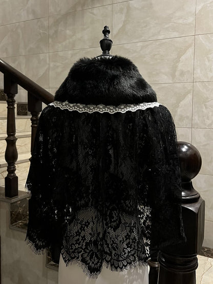 Lolita Lace Gothic Fur-Collared with Edging Cape Faux