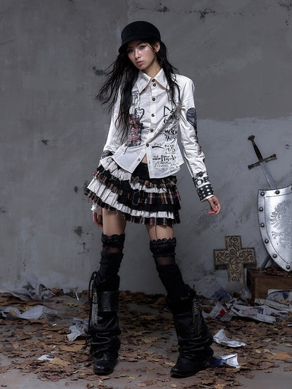 Vintage Punk Shorts Crisscross Plaid Black Skirt Tiered Built-In with Lacing