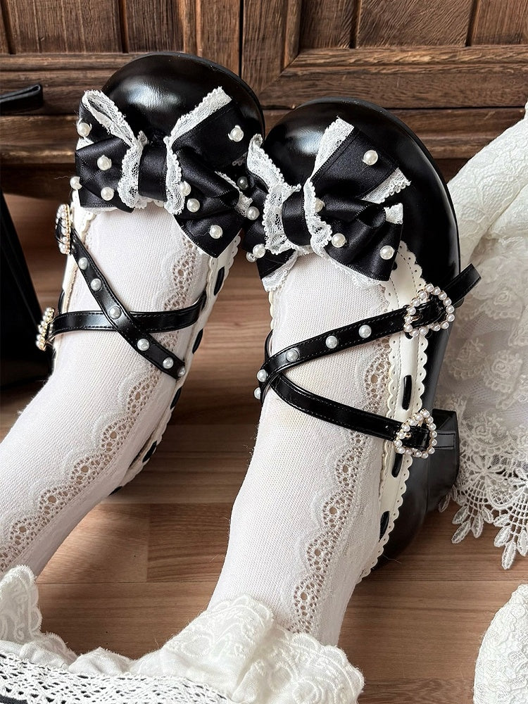 in Black Toe Mary Details Mid-heel PU Classic Shoes Lolita - Round Jane Beads