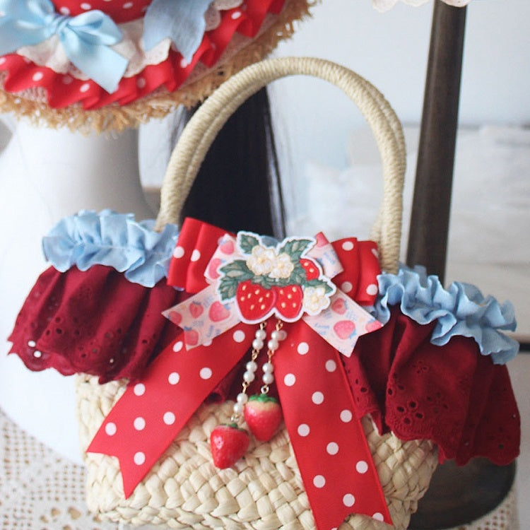 Polka-dot Strawberry Pattern Red Details Hand Bag Design Bowknot