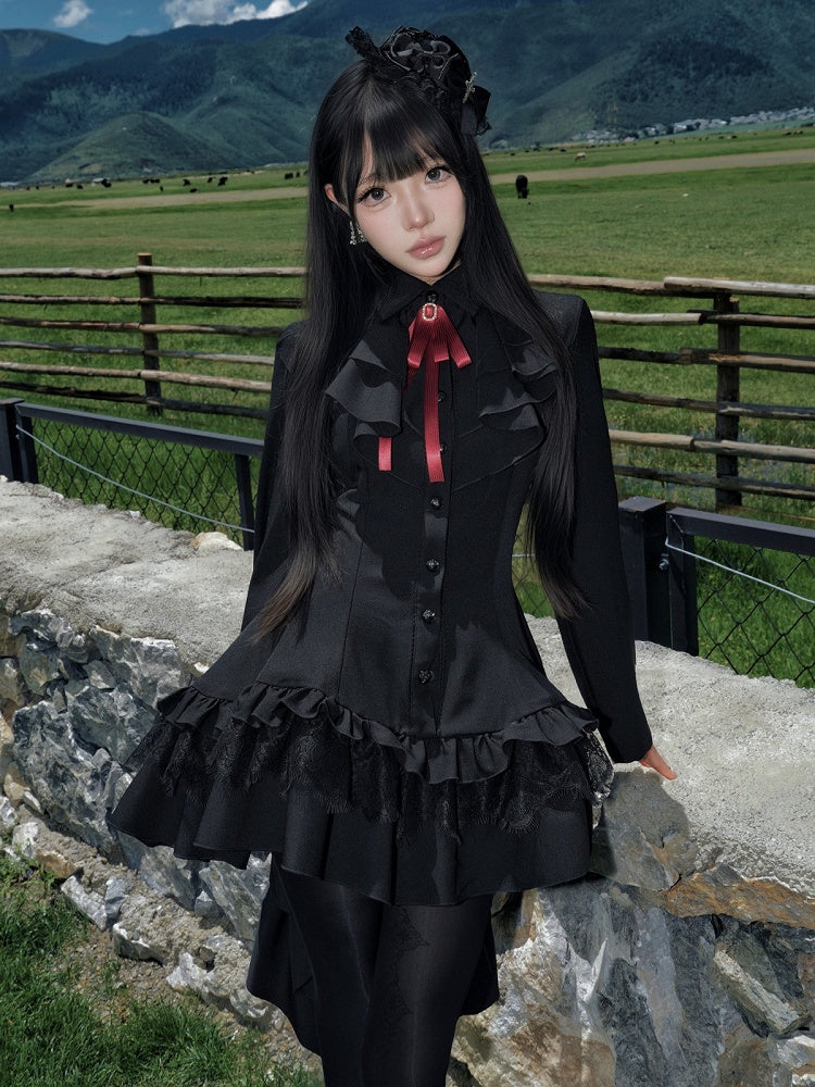 High-Low Ruffled Lolita Dress with Red Bow Tie, Long Sleeve Black for Autumn - muggle studio