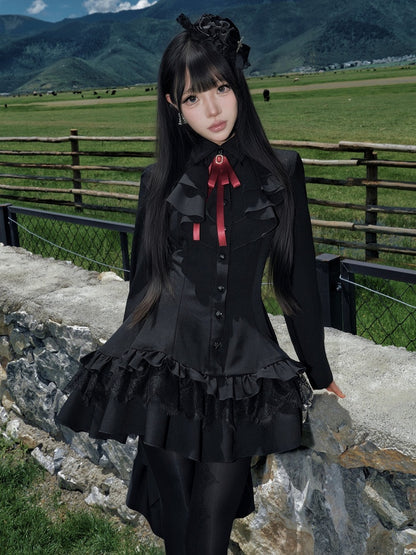 High-Low Ruffled Lolita Dress with Red Bow Tie, Long Sleeve Black for Autumn - muggle studio