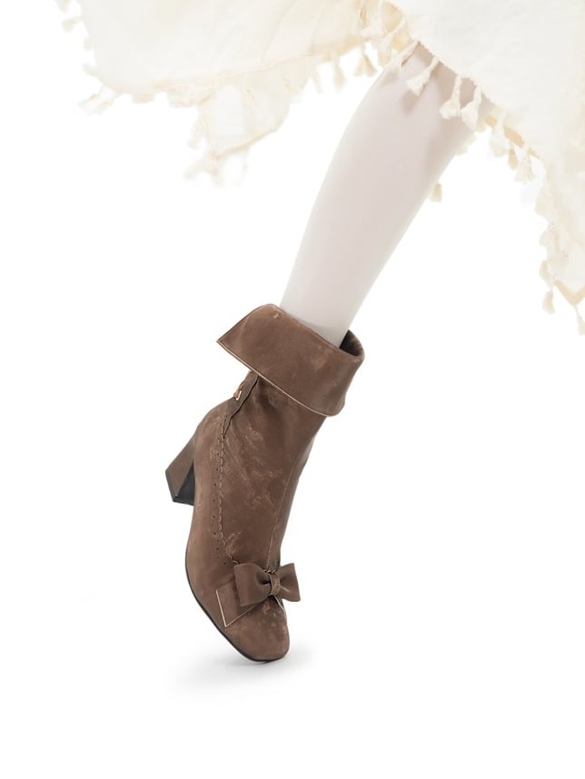 Convertible Scalloped Brown Bow High-heel in Boots Trim Top Boot Delicate Top， Elegant Lolita