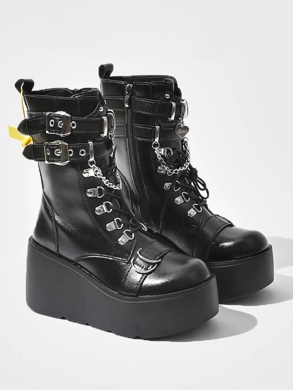 Chain - in Heart Platform System Multi-Closure Charm with Details Boots Style Punk Black