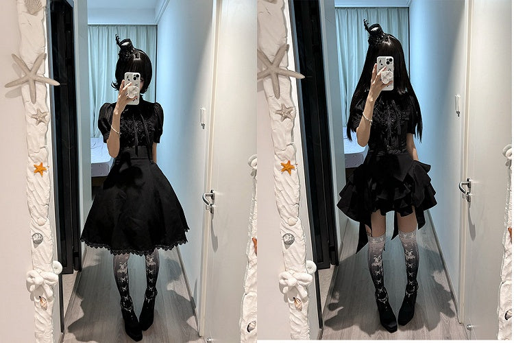Black Ruffle Short Puff Sleeve Striped Lolita Blouse - Flower Fairy Daily