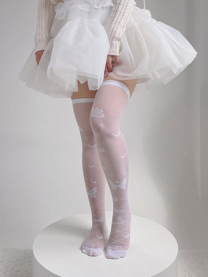 Weiße halbtransparente Lolita-Overknee-Strümpfe mit Schmetterlingsmuster