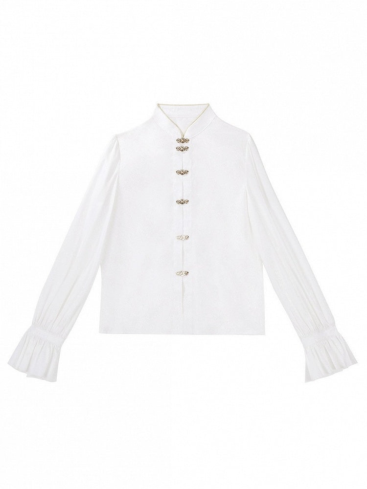 Pleated Han-Element Long-Sleeved White Blouse - Han Ru Chu Hanfu &amp; Han-Element Studi