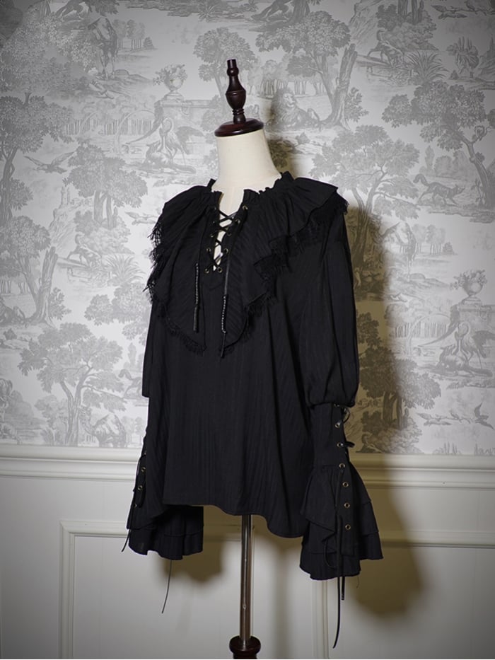 Ouji Ärmeldetails mit Schnürung Long Vibes Pirate Lolita Shirt Schwarz