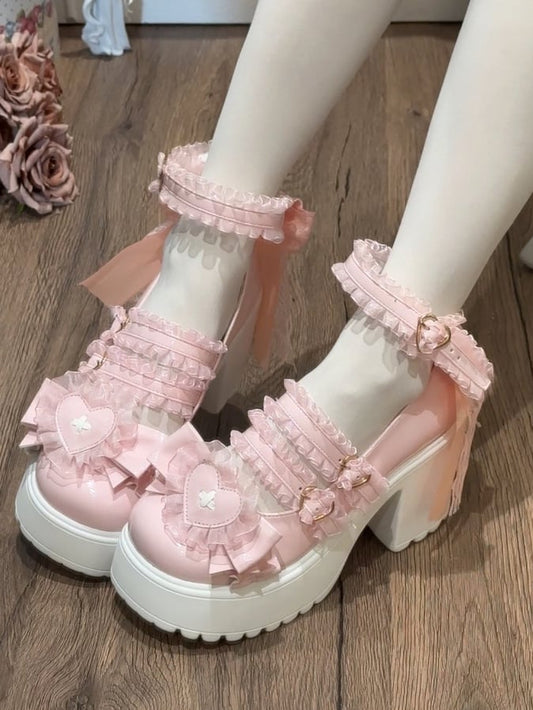 Straps High Kei Ruffled Applique Top Shoes in with Jirai Lace Block Heart Bow Pink Detailed Heel - Platform