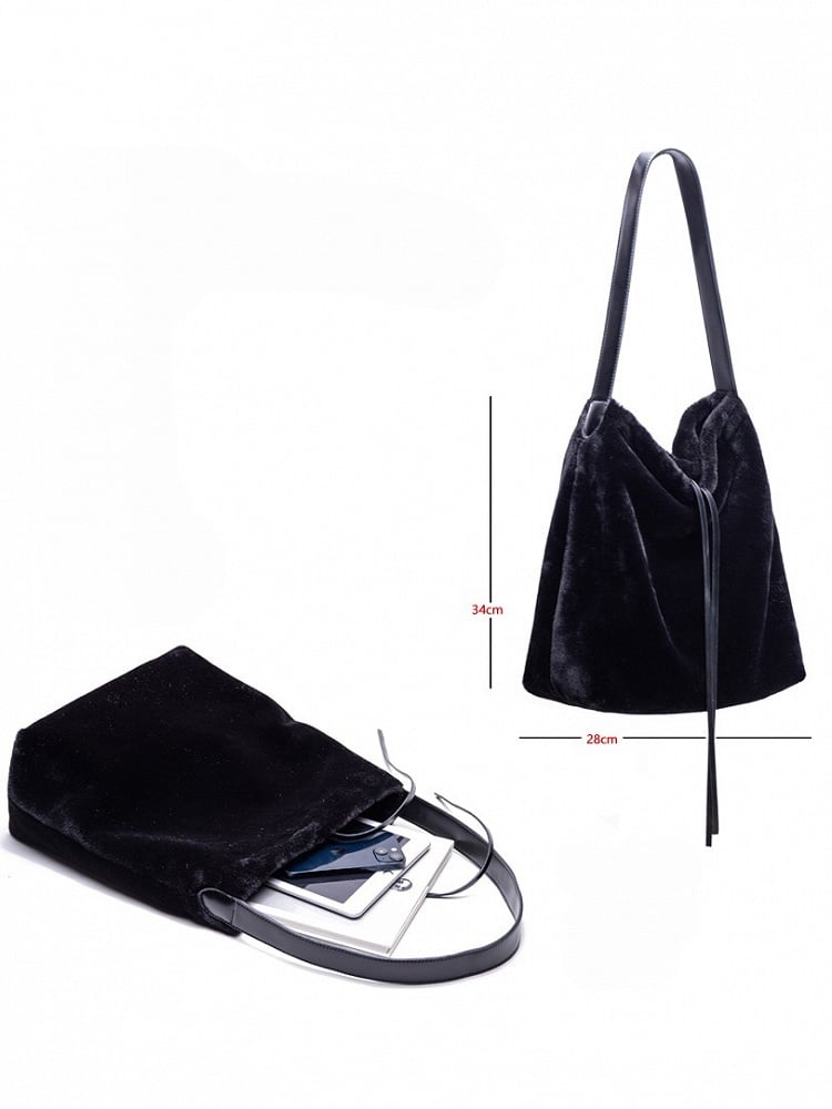Luxurious Black Plush Shoulder Tote With Drawstring Closure