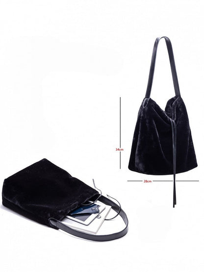 Luxurious Black Plush Shoulder Tote With Drawstring Closure