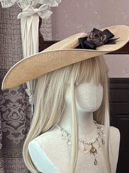 Brown Satin Flower Decorated Wide Brim Hat - MUYU