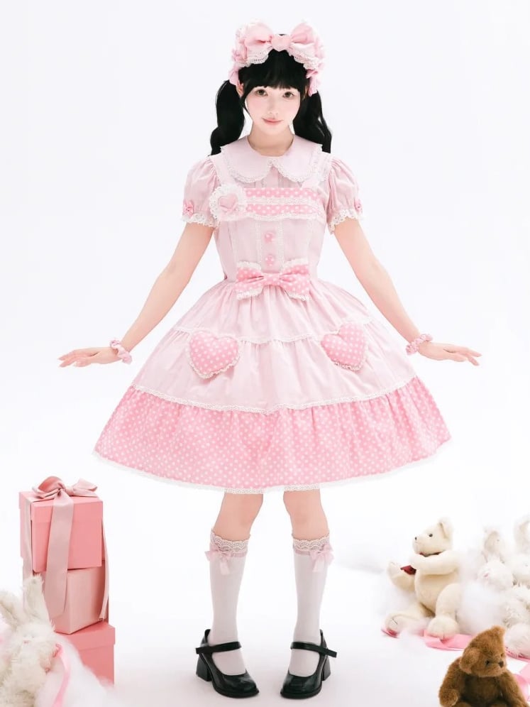 Baumwolle Alt Polka Pink Dots Schulkleid Lolita Weiß