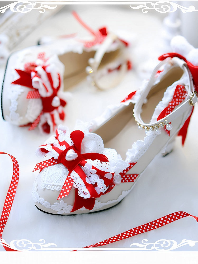 Block Heels Red Top Sweet Bow Lolita Plush Bunny 5CM Decorated Shoes at