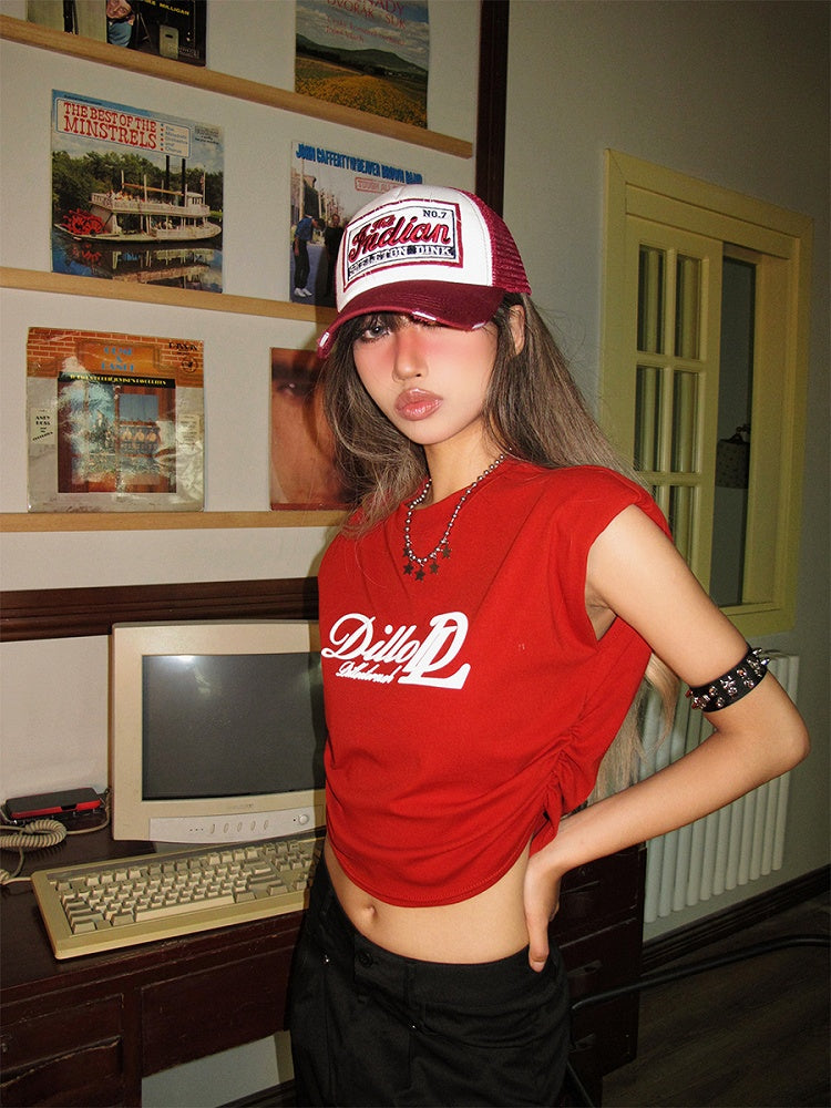 Bold Pads Red with Print White Crop Structured Letter Shoulder Top