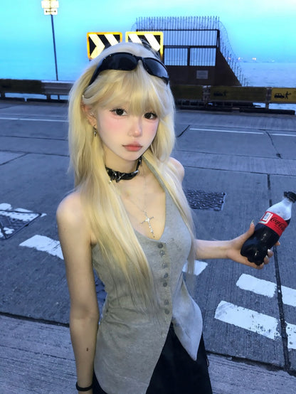 Top Gray Front Button Placket Halter Neck Glamorous Tank