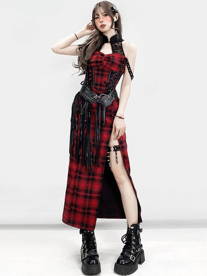 Dress Thigh-high Pattern Red Lace-up Plaid Slit Glamorous Detail Y2K