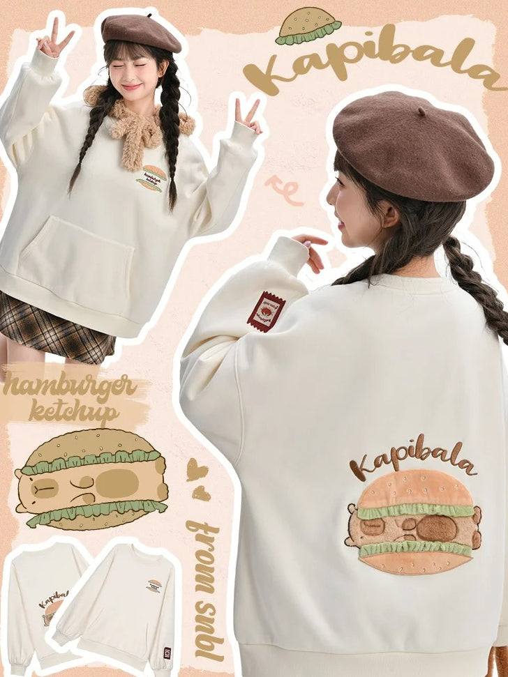 Süße Capybara Burger Applikation Beige Dickes Sweatshirt