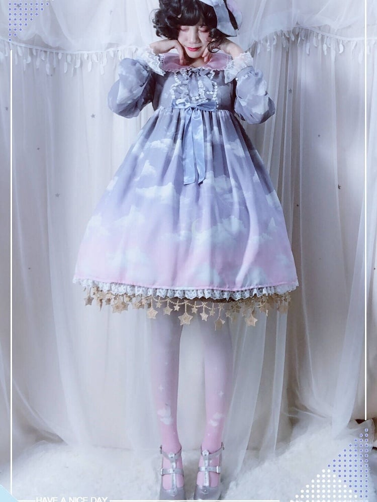 3 Colors Lolita Gradient Star & Cloud Print Tights