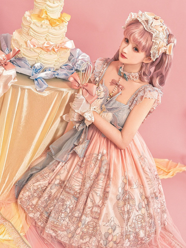 Amusement Park Themed Sleeveless Lolita Frock in Sweet Pink & Blue with Lace Choker - Xiong Dou Jiang