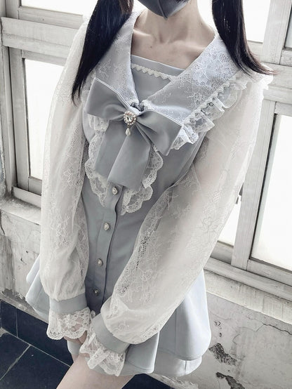 Light Mini Fresh Set: Kei Bow Blue Mesh-Sleeve Shorts Jirai and with Sailor Dress Detachable