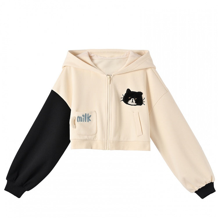 Schwarz-weißer Kapuzenpullover mit Kätzchenohren und Kätzchenmuster, Reißverschluss