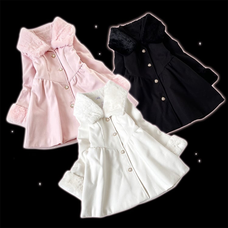 Pink Jirai Kei Wool Coat with Plush Collar and Cuffs