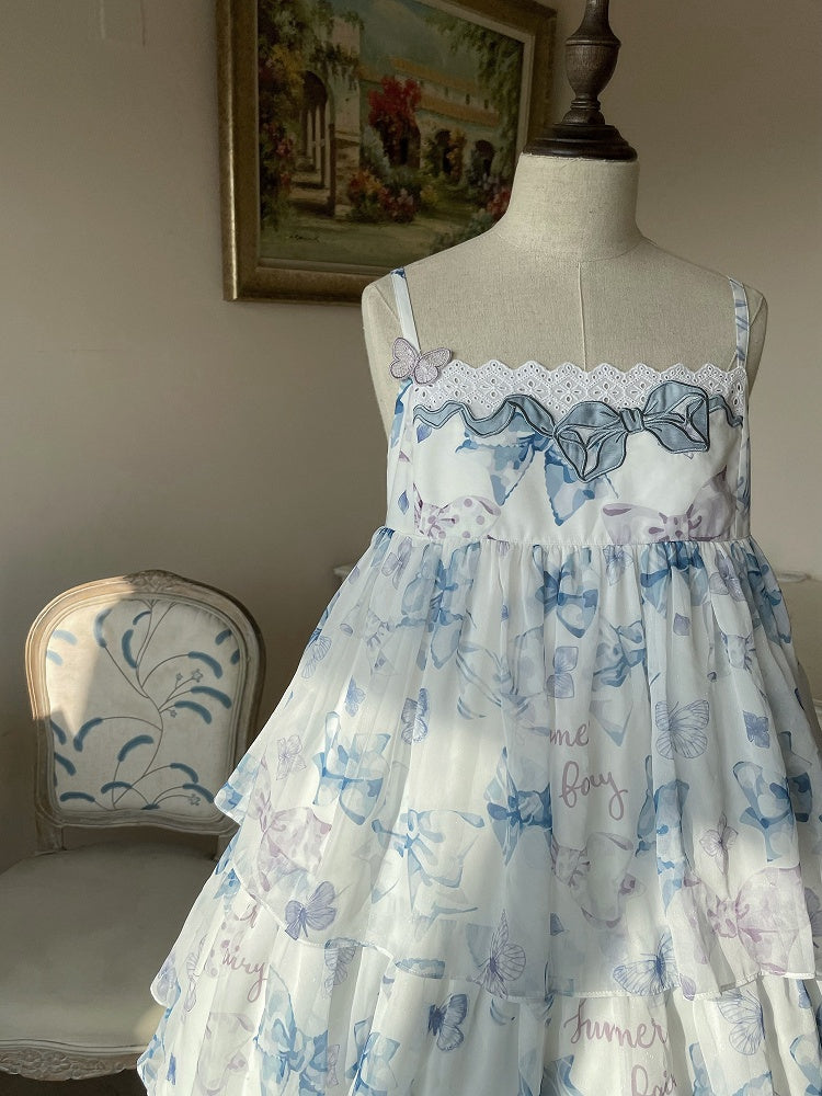 ブルーのハイウエストリボンプリントティアードスカート サマーロリータドレス