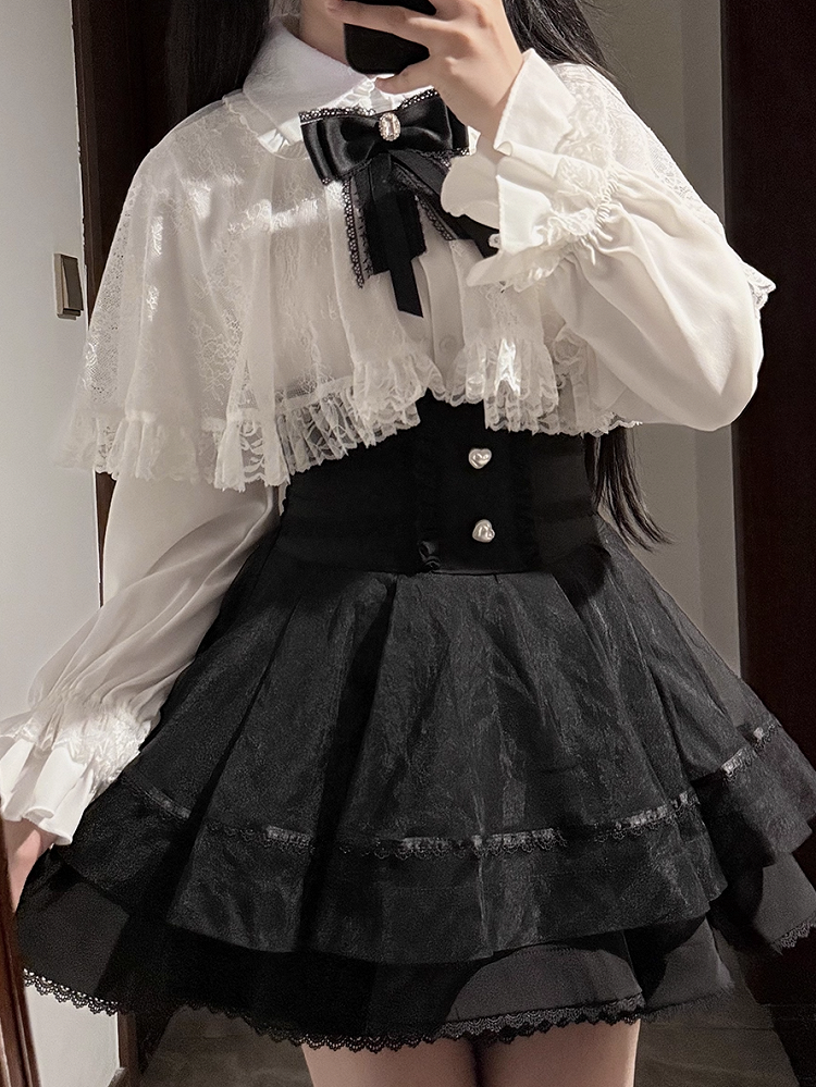 Cape with White Size Kei Tie Jirai Blouse Bow Lace Available Detachable Plus