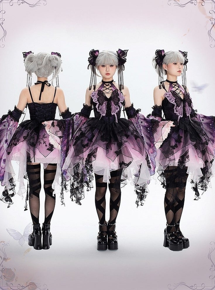 Purple Black Tulle with Hem Gothic Applique Dress Multi-Layer Halter Lolita Asymmetric Butterfly Lace-Up