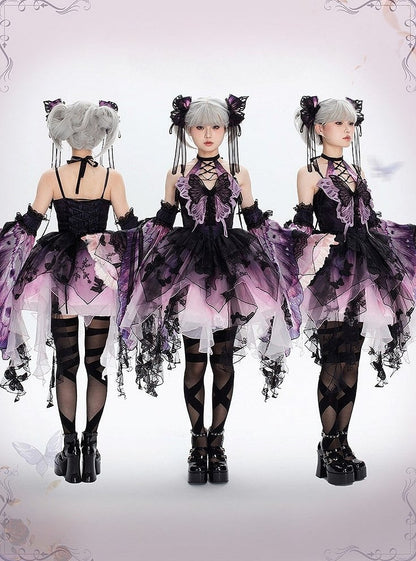 Purple Black Tulle with Hem Gothic Applique Dress Multi-Layer Halter Lolita Asymmetric Butterfly Lace-Up