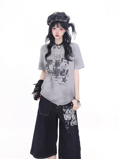 Grey Portrait Print Waffle Tee - KNOW8 Online Shop