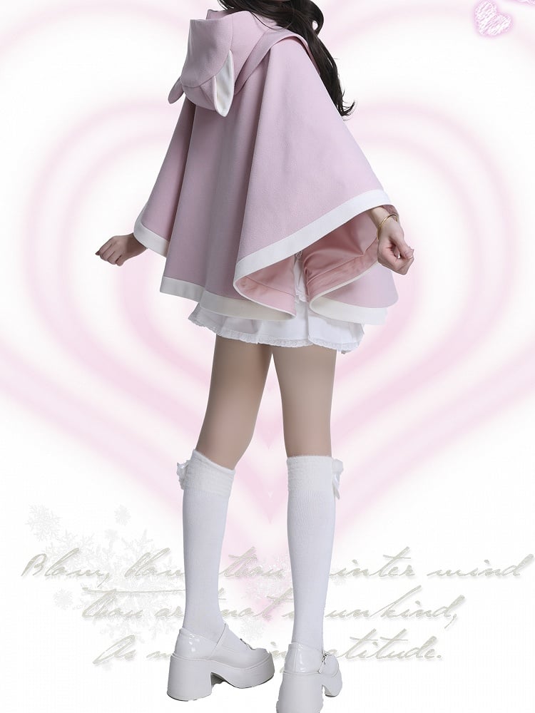 ピンク＆ホワイトの猫耳フード付きマント