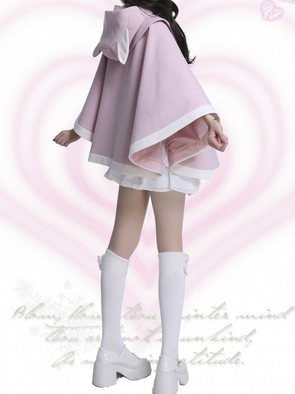 ピンク＆ホワイトの猫耳フード付きマント