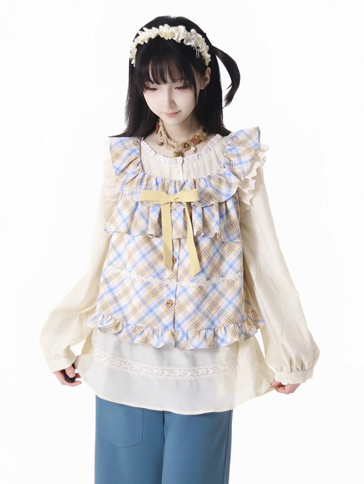 ブラウス ベージュ レーストリム 長袖 セミシアー