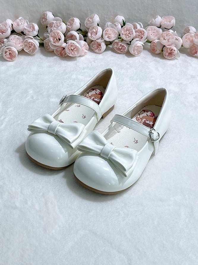 Sweet with Heart Accent Decor Mary Shoes Lolita Bow Buckle White in Charming Low-heel Jane