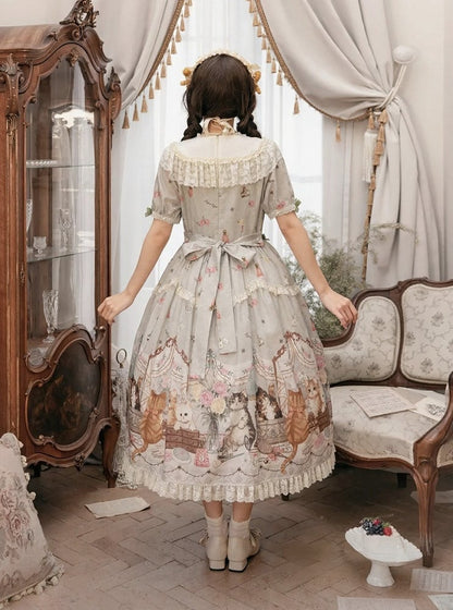 Green Cat Print Round Neck Sweet Lolita Dress with Lace Trim - NyaNya