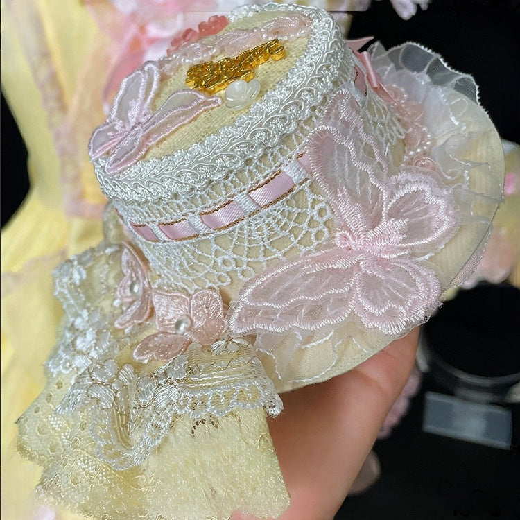 Hat Mini Design Floral Butterfly Lolita PinkYellow Lace Sweet And Trim