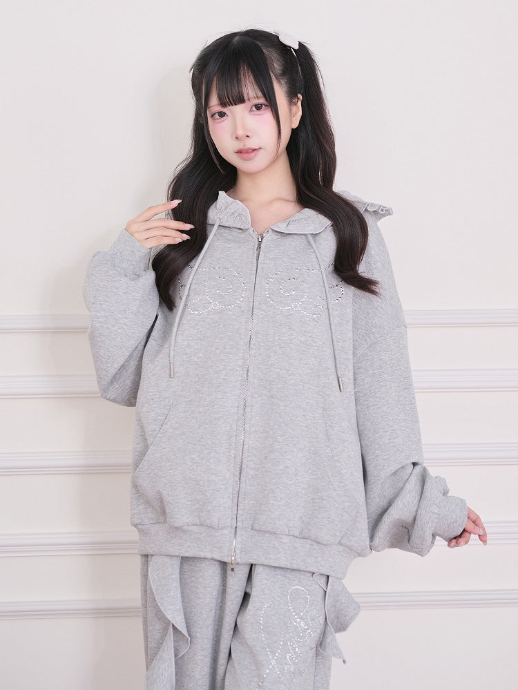 Gray Wing-Shaped Rhinestone Zip-Up Hoodie with Ruffle Trim - No Genki
