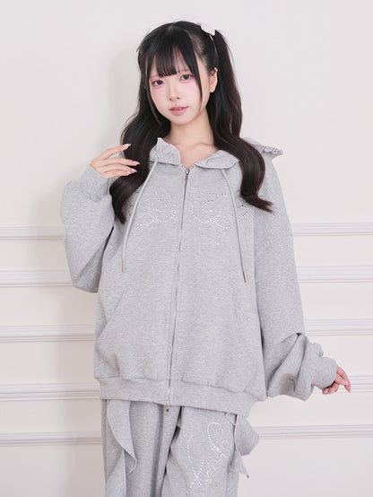 Gray Wing-Shaped Rhinestone Zip-Up Hoodie with Ruffle Trim - No Genki