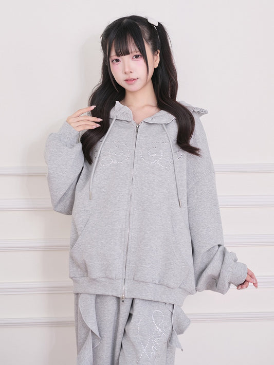 Gray Wing-Shaped Rhinestone Zip-Up Hoodie with Ruffle Trim - No Genki