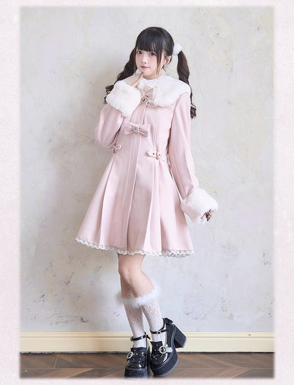 Manschetten Jirai Kei Plüschkragen Strass Spitzenbesatz und rosa Mantel Bowknots