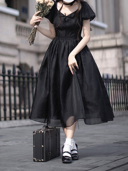 Kleid mit Stäbchen, Puffärmeln, hoher Taille, elegant, schwarze Ärmel