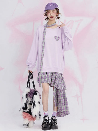 Lila kariertes Patchwork-Sweatshirtkleid mit asymmetrischem Saum und kostenlosem Schal