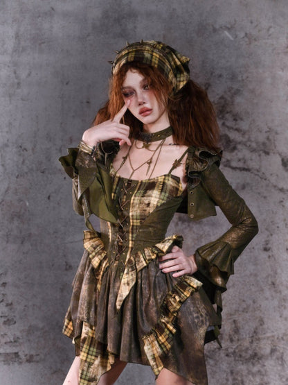 Green Asymmetrical Ruffled Cuff Shrug with Flutter Sleeve Detail