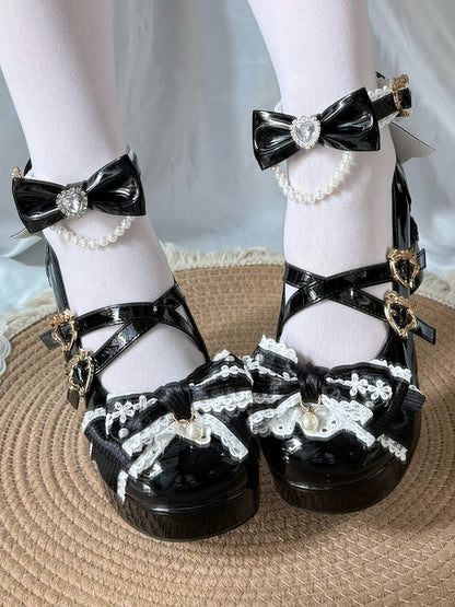 Black Lolita Shoes with Pearl Chain and Moon Heel - Pu Yue Meng