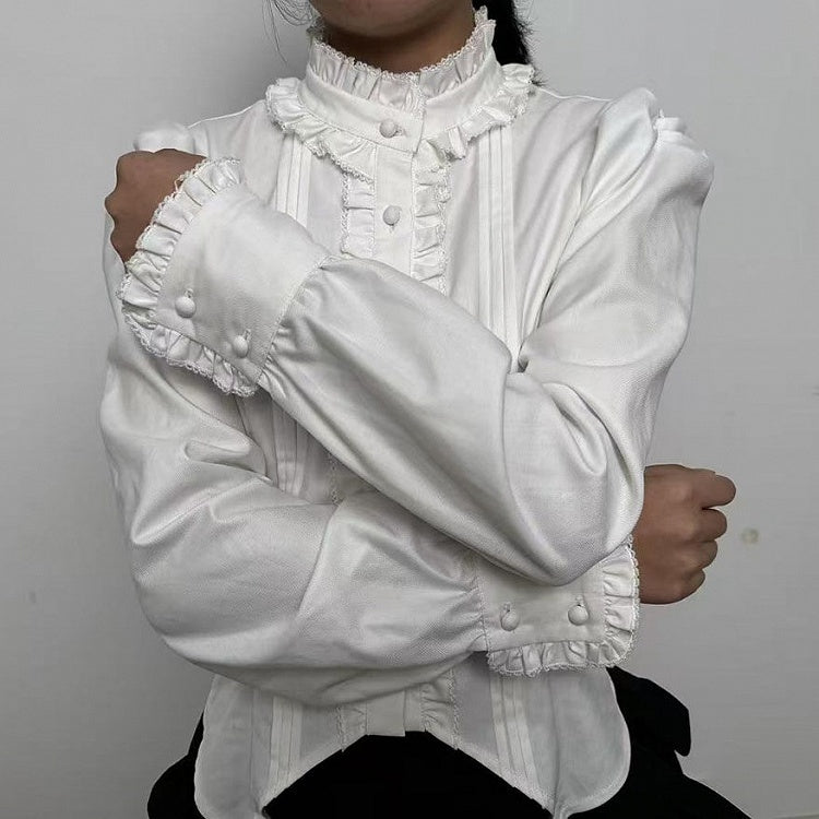 Lolita Blouse Neckline with Sleeves Ruffle Long Back Lacing White