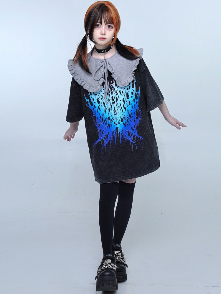 Black Neck Faded Wash Jirai Round T-shirt Design Kei