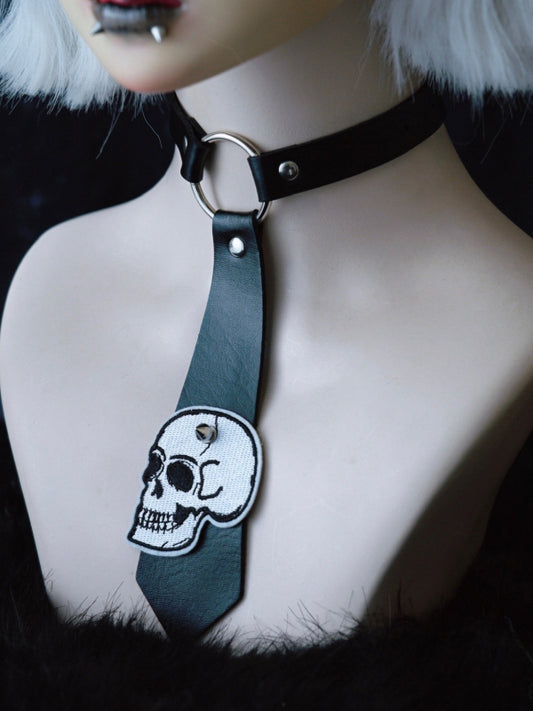 Decorated PU Choker Applique Studs Gothic Tie Black Skeleton