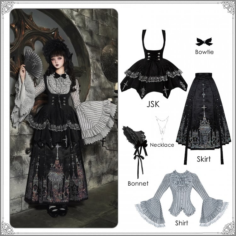 Horse-face Skirt Bonnet + Black Under Gothic Shirt Bust Lolita JSK Necklace